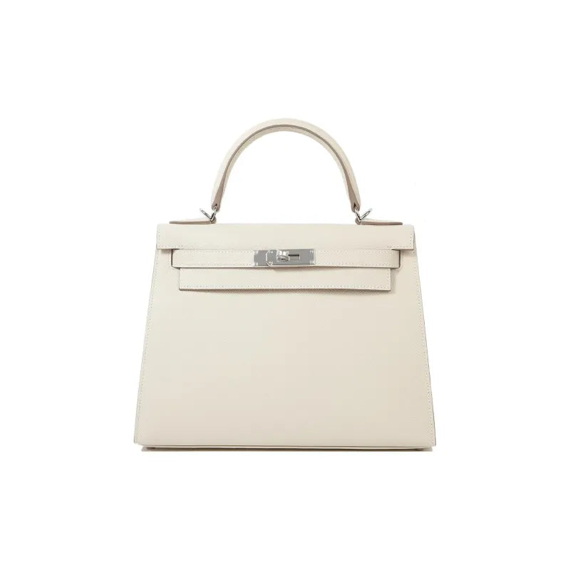 HERMES Kelly 25 Bag Epsom Leather Handbag (20,25,28,32) Milkshake White silver hardware