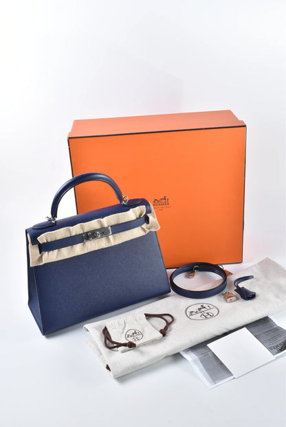 HERMES Kelly 25 Bag Epsom Leather Handbag (20,25,28,32) navy silver hardware