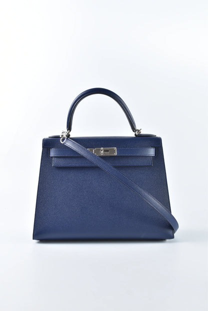 HERMES Kelly 25 Bag Epsom Leather Handbag (20,25,28,32) navy silver hardware